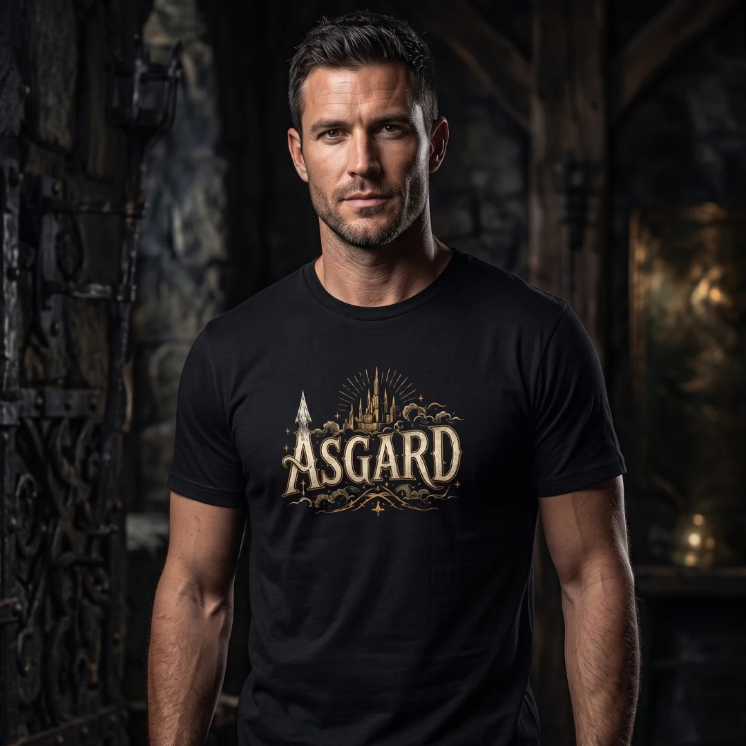 Modelo usando camiseta Asgard da coleção 9 Mundos de Yggdrasil